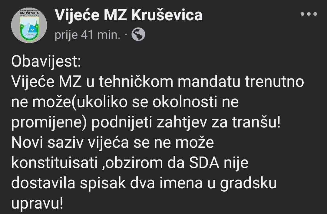 Zbog blokade formiranja vijeća, MZ Kruševica ne može aplicirati za sredstva