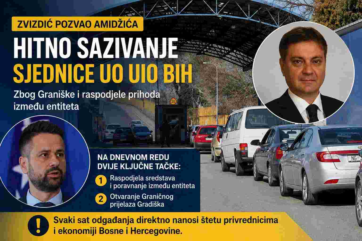 Zvizdić pozvao Amidžića da hitno sazove sjednicu UO UIO BiH zbog Gradiške i raspodjele prihoda