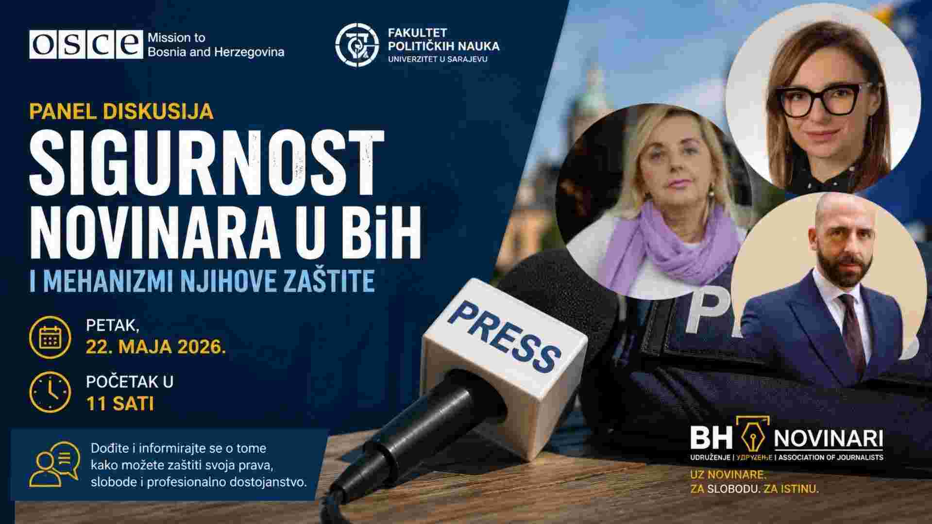 Panel diskusija o sigurnosti novinara u BiH održava se 22. maja u Sarajevu