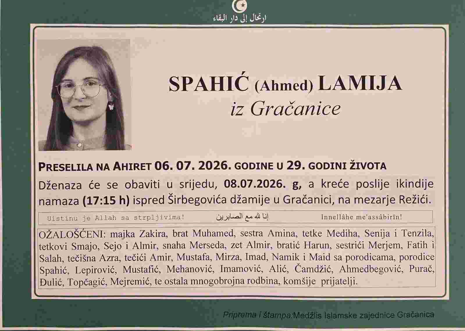 Beskrajna tuga u Gračanici: U 29. godini preminula mlada doktorica Lamija Spahić