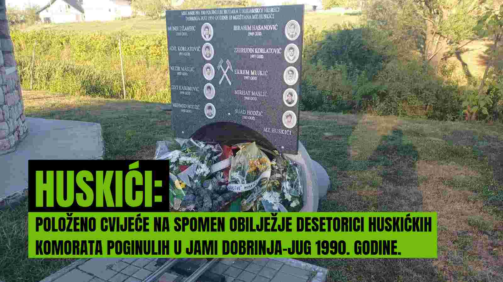 U Huskićima položeno cvijeće na spomen obilježje desetorici rudara poginulih u jami Dobrinja-Jug 1990. godine.