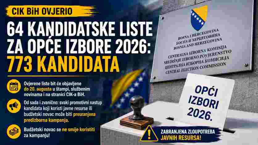 CIK BiH ovjerio 64 kandidatske liste za Opće izbore 2026: Od sada i zvanično počinje strožiji nadzor izborne kampanje